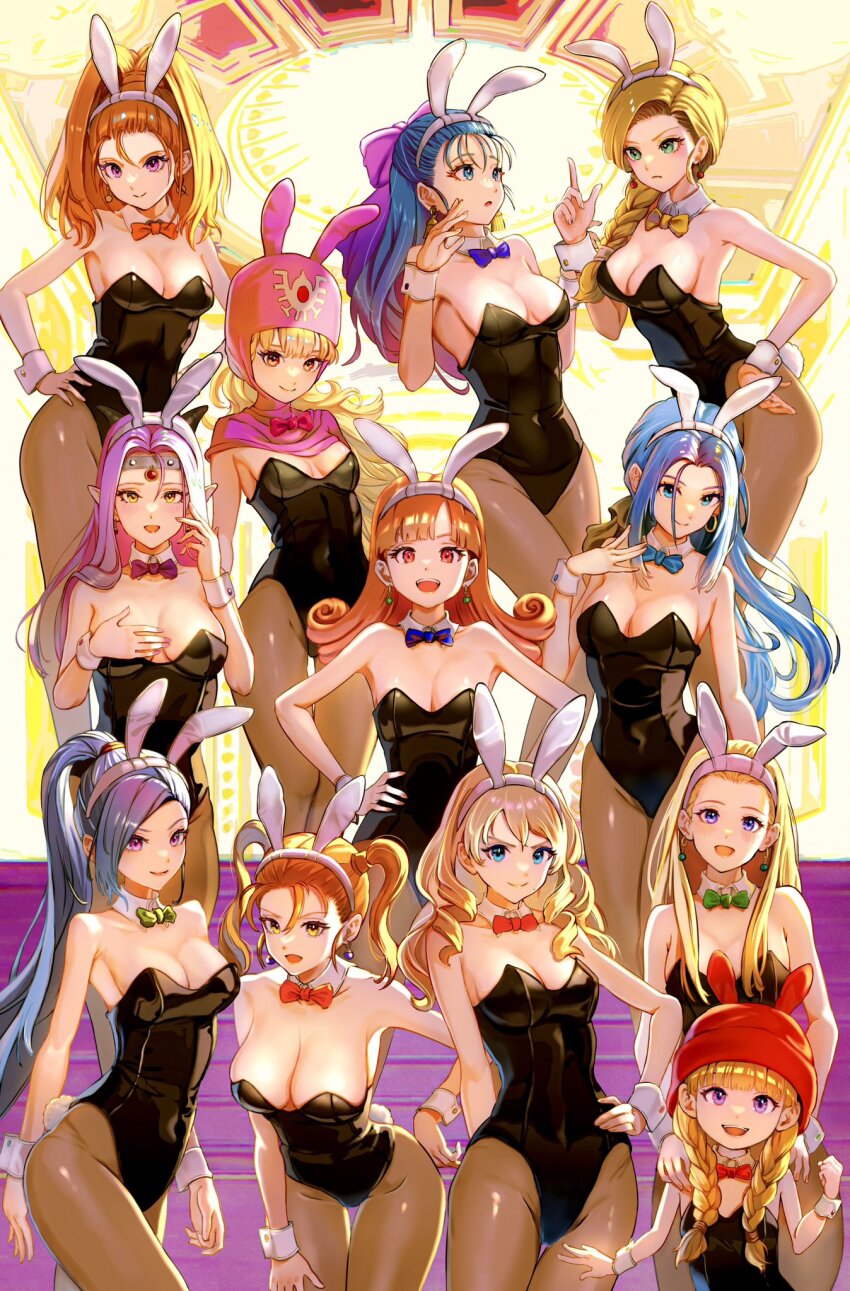 1980s_(style), 6+girls, alena_(dq4), animal_ears, anlucea, barbara_(dq6), bare_shoulders, bent_over, bianca_(dq5), black_hair, black_leotard, blonde_hair, blue_bow, blue_bowtie, blue_eyes, blue_hair, blunt_bangs, bow, bowtie, braid, breasts, cleavage, closed_mouth, collarbone, commentary_request, cowboy_shot, curly_hair, detached_collar, dragon_quest, dragon_quest_ii, dragon_quest_iv, dragon_quest_ix, dragon_quest_v, dragon_quest_vi, dragon_quest_viii, dragon_quest_x, dragon_quest_xi, earrings, estella_(dq10), fake_animal_ears, flat_chest, flora_(dq5), green_bow, green_bowtie, green_eyes, hair_behind_ear, hair_bow, hair_over_shoulder, hair_pulled_back, hairband, half_updo, hand_on_own_chest, hand_on_own_hip, hand_up, hands_on_another's_shoulders, hat, headpiece, high_ponytail, highres, hood, horns, huge_bow, index_finger_raised, jessica_albert, jewelry, large_breasts, leotard, light_blush, long_hair, looking_at_another, looking_at_viewer, martina_(dq11), medium_breasts, mole, mole_under_mouth, multiple_girls, numao_sub, oldschool, open_mouth, orange_bow, orange_bowtie, orange_eyes, orange_hair, orange_nails, pantyhose, parted_bangs, parted_lips, pink_bow, pink_eyes, pink_hair, pink_headwear, pink_hood, pink_nails, playboy_bunny, pointy_ears, ponytail, princess_of_moonbrook, purple_bow, purple_bowtie, purple_eyes, rabbit_ears, red_bow, red_bowtie, red_eyes, red_headwear, retro_artstyle, ruida, senya_(dq11), siblings, single_braid, sisters, small_breasts, smile, standing, strapless, strapless_leotard, swept_bangs, twin_braids, twins, twintails, veronica_(dq11), white_hairband, wrist_cuffs, yellow_bow, yellow_bowtie, yellow_eyes