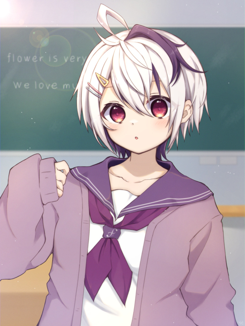1girl, :o, ahoge, chalkboard, classroom, collarbone, english_text, flower_(vocaloid)