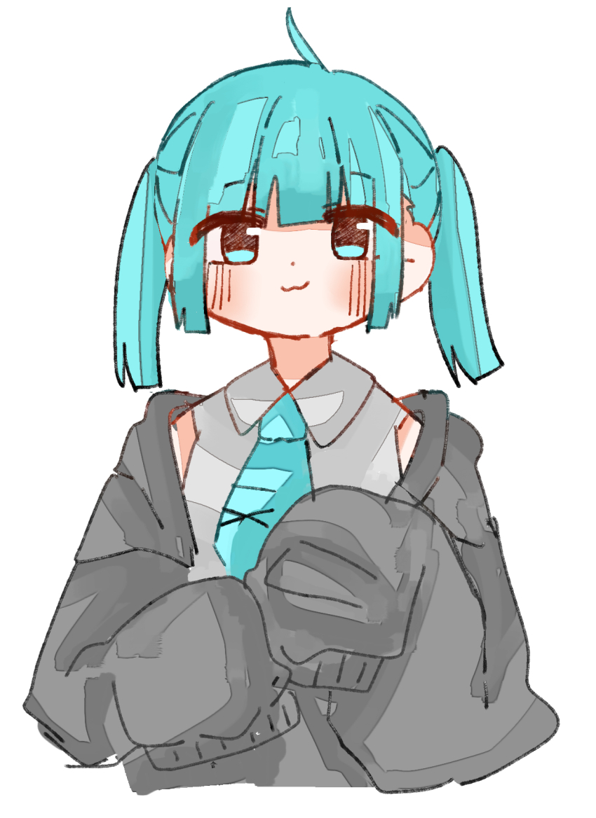 1girl, :3, alternate_hairstyle, aqua_eyes, aqua_hair, aqua_necktie, black_cardigan, blunt_bangs