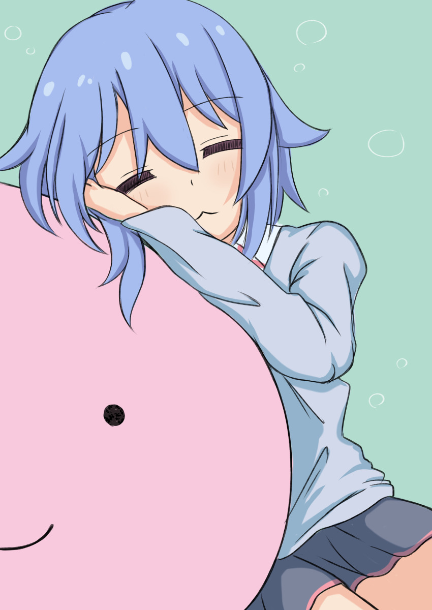 1girl, :3, absurdres, black_skirt, blue_hair, blue_jacket, closed_eyes, commentary