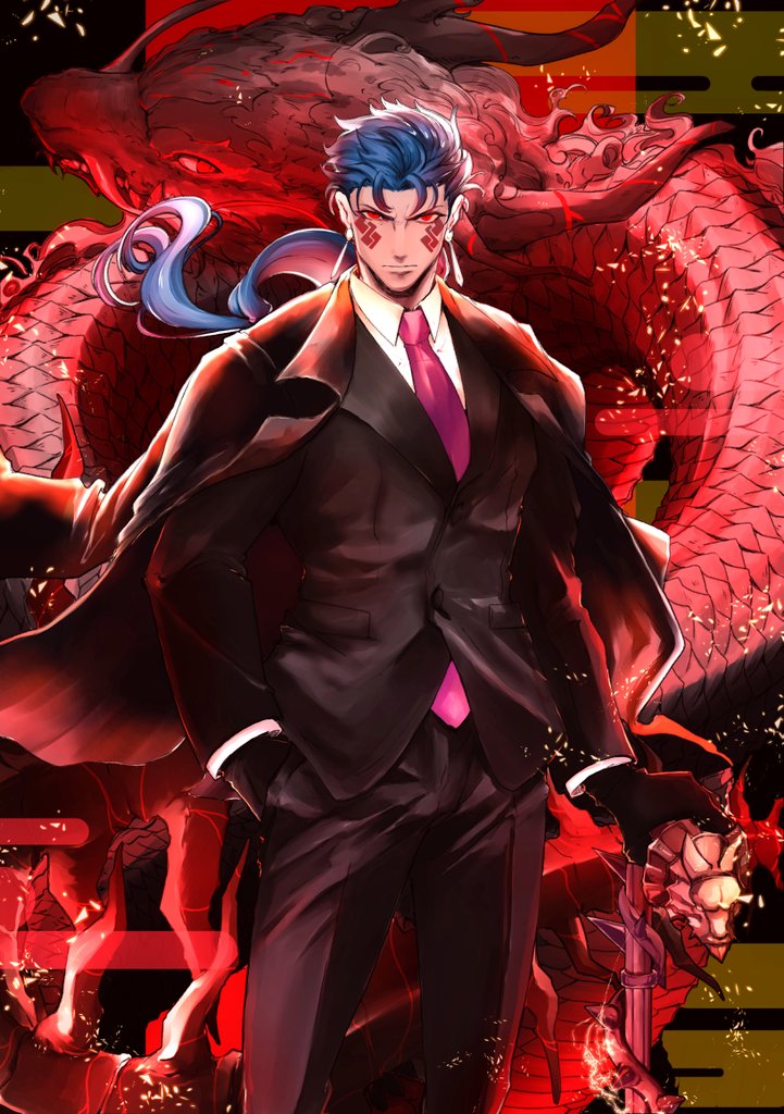 1boy, betushio, black_gloves, blue_hair, cane, cu_chulainn_(fate), cu_chulainn_alter_(fate), cu_chulainn_alter_(formal_dress)_(fate), dragon, earrings, eastern_dragon, egasumi, facial_tattoo, fate/grand_order, fate_(series), formal_clothes, gloves, hand_in_pocket, jewelry, male_focus, necktie, red_eyes, suit, tattoo