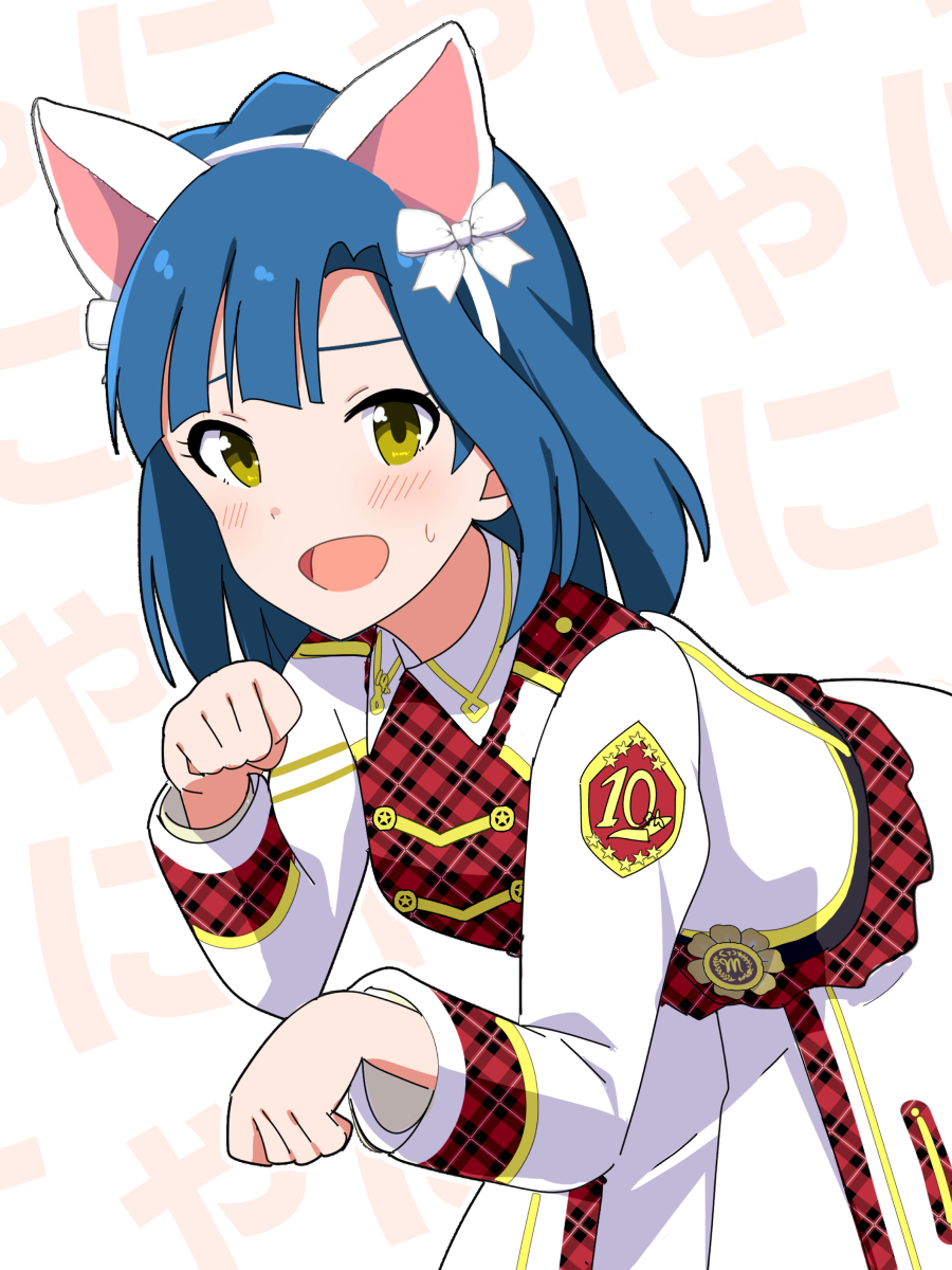 animal_ears, blue_hair, blush, cat_ears, commentary_request, cowboy_shot, embarrassed, fake_animal_ears
