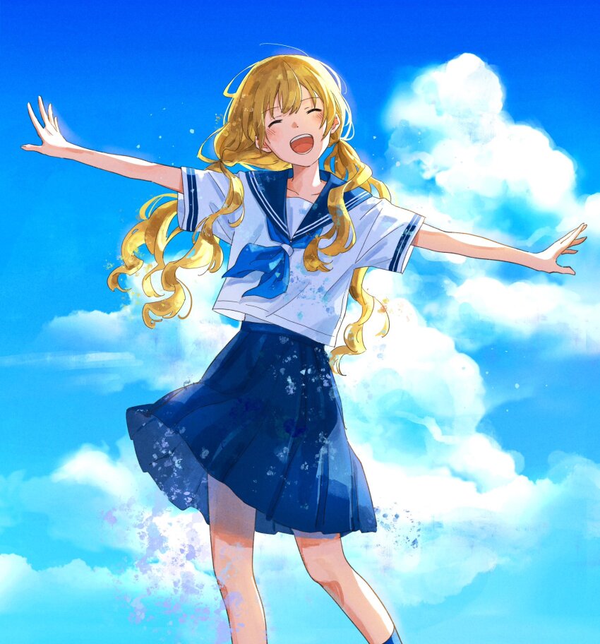 1girl, ado_(utaite), blonde_hair, blue_neckerchief, blue_sailor_collar, blue_skirt, blue_sky, blush