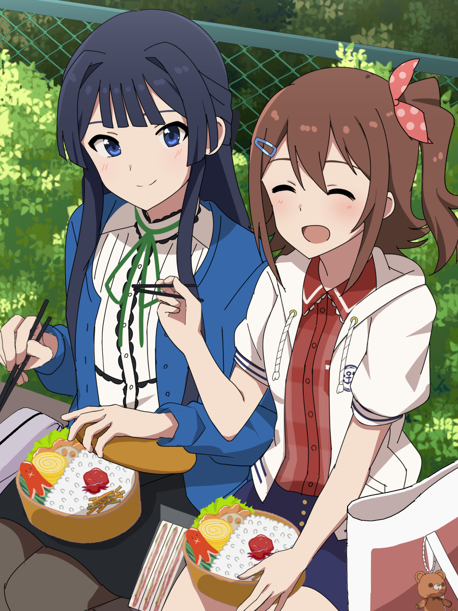 2girls, animal_charm, bag, bare_legs, bear_charm, bench, bento, black_pantyhose