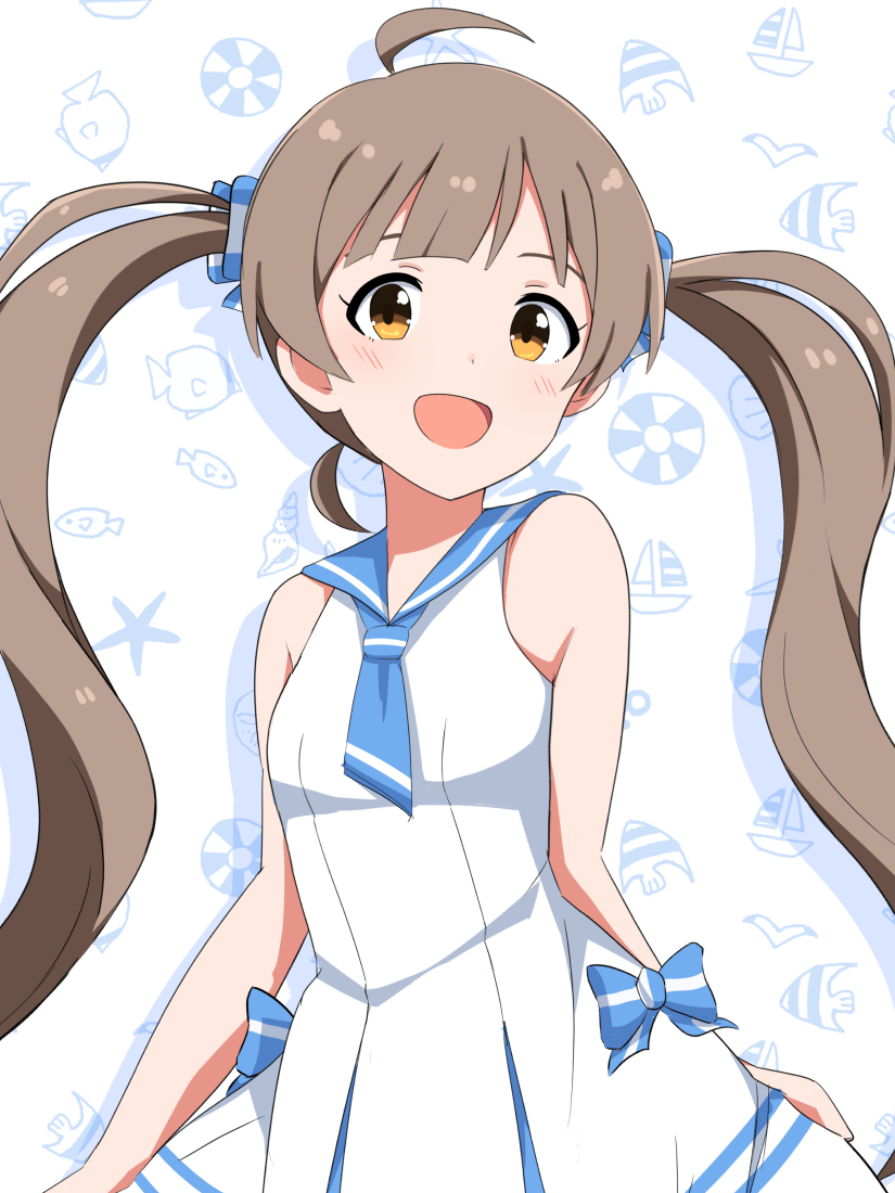 1girl, animal_print, bare_arms, bare_shoulders, bird, blue_bow, blue_neckerchief, blue_sailor_collar