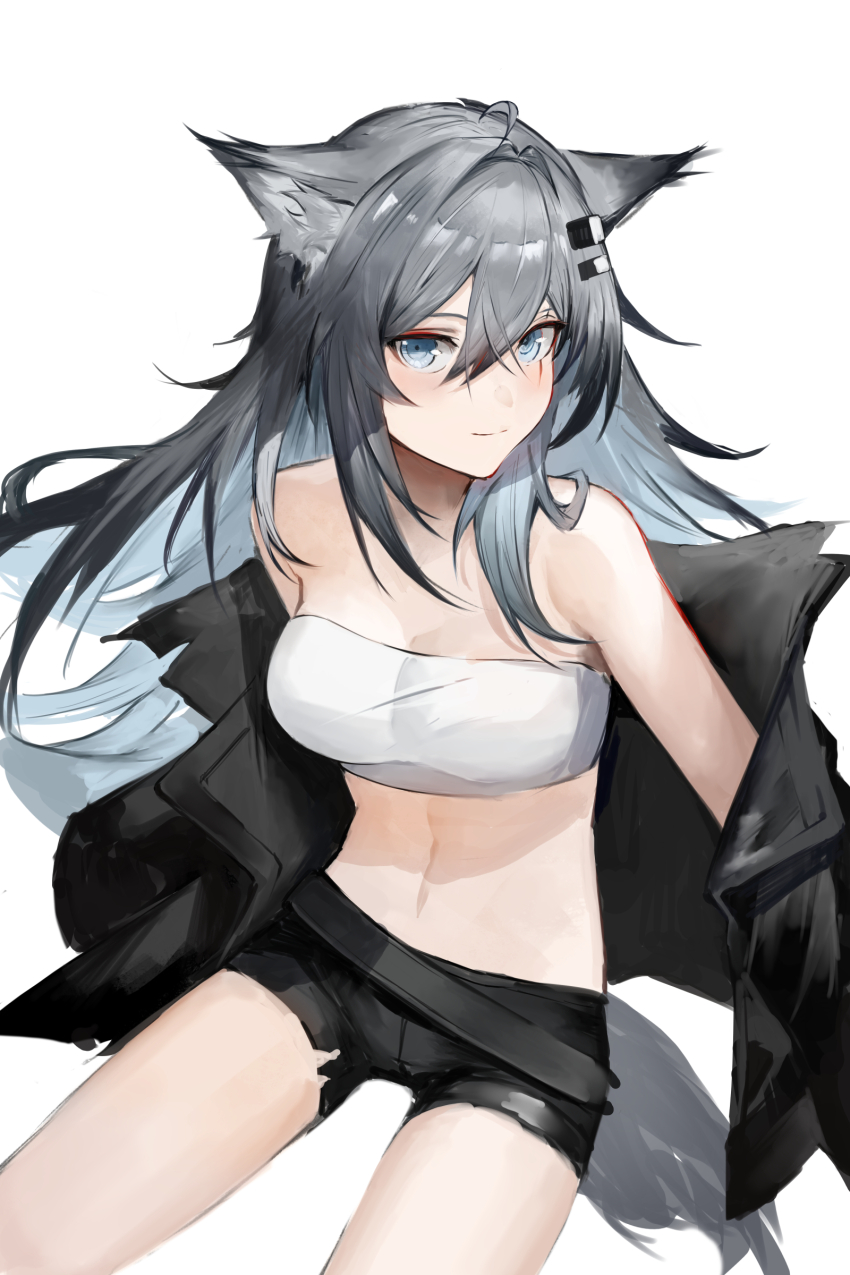 1girl, absurdres, ahoge, animal_ear_fluff, animal_ears, arknights, bandeau, bare_shoulders, belt, black_belt, black_jacket, black_shorts, blue_eyes, blue_hair, breasts, cleavage, closed_mouth, colored_inner_hair, commentary, cowboy_shot, from_above, grey_hair, grey_tail, hair_between_eyes, hair_flowing_over, hair_intakes, hair_ornament, hairclip, highres, invisible_floor, jacket, lappland_(arknights), light_blue_hair, light_smile, long_bangs, long_hair, long_sleeves, looking_at_viewer, looking_to_the_side, looking_up, medium_breasts, messy_hair, midriff, multicolored_hair, navel, open_clothes, open_jacket, s_4ik4, scar, scar_across_eye, scar_on_face, shadow, short_shorts, shorts, simple_background, sitting, sleeves_past_fingers, sleeves_past_wrists, solo, stomach, strapless, tail, thighs, torn_clothes, torn_jacket, torn_shorts, tube_top, turning_head, two-tone_hair, unworn_jacket, very_long_hair, white_background, white_bandeau, wolf_ears, wolf_girl, wolf_tail