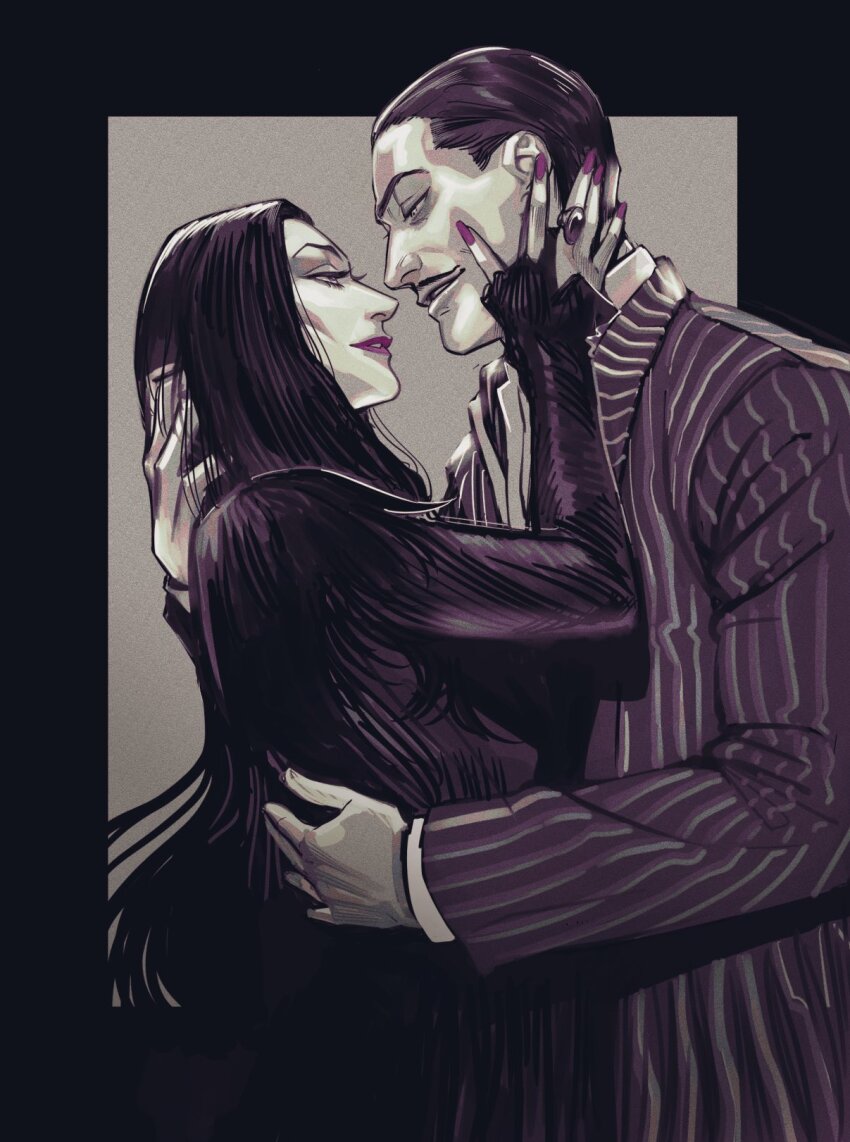 1boy, 1girl, the_addams_family, black_border, border, dress, facial_hair, gomez_addams