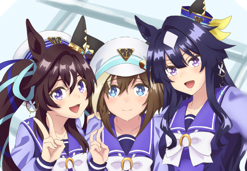 3girls, animal_ears, blue_eyes, blue_hair, blush, bow, bowtie, brown_hair, cheval_grand_(umamusume), dark_blue_hair, ear_covers, ear_ornament, ear_piercing, earrings, ears_through_headwear, hair_between_eyes, hair_ornament, hat, highres, horse_ears, horse_girl, jewelry, long_hair, long_sleeves, mole, mole_under_eye, multicolored_hair, multiple_girls, nk-43g, open_mouth, piercing, purple_eyes, purple_sailor_collar, purple_serafuku, purple_shirt, sailor_collar, sailor_hat, sailor_shirt, school_uniform, serafuku, shirt, short_hair, siblings, single_ear_cover, single_earring, sisters, smile, tracen_school_uniform, twintails, umamusume, verxina_(umamusume), vivlos_(umamusume), white_bow, white_bowtie, white_hair, white_headwear, winter_uniform