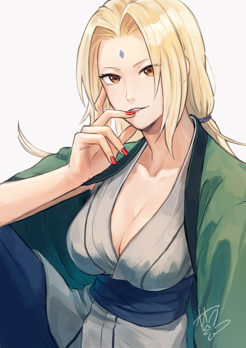1girl, absurdres, black_pants, blonde_hair, breasts, brown_eyes, cleavage, coat, fewer_digits, forehead_jewel, green_coat, grey_shirt, grin, highres, large_breasts, long_hair, looking_at_viewer, mature_female, nail_polish, naruto_(classic), naruto_(series), ninja, oomura_saki, pants, red_nails, shirt, signature, simple_background, smile, solo, teeth, tsunade_(naruto), twintails, white_background