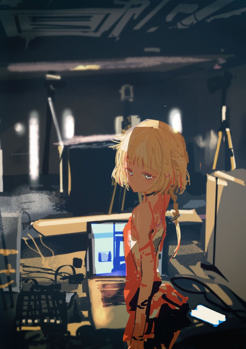 1girl, absurdres, arms_at_sides, black_choker, black_dress, blonde_hair, blue_eyes, blurry