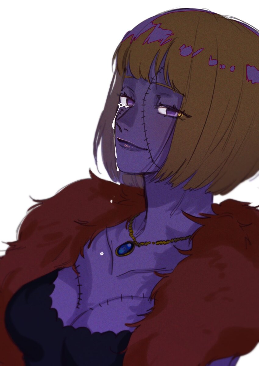 1girl, black_dress, blonde_hair, breasts, cleavage, commentary_request, crying, crying_with_eyes_open