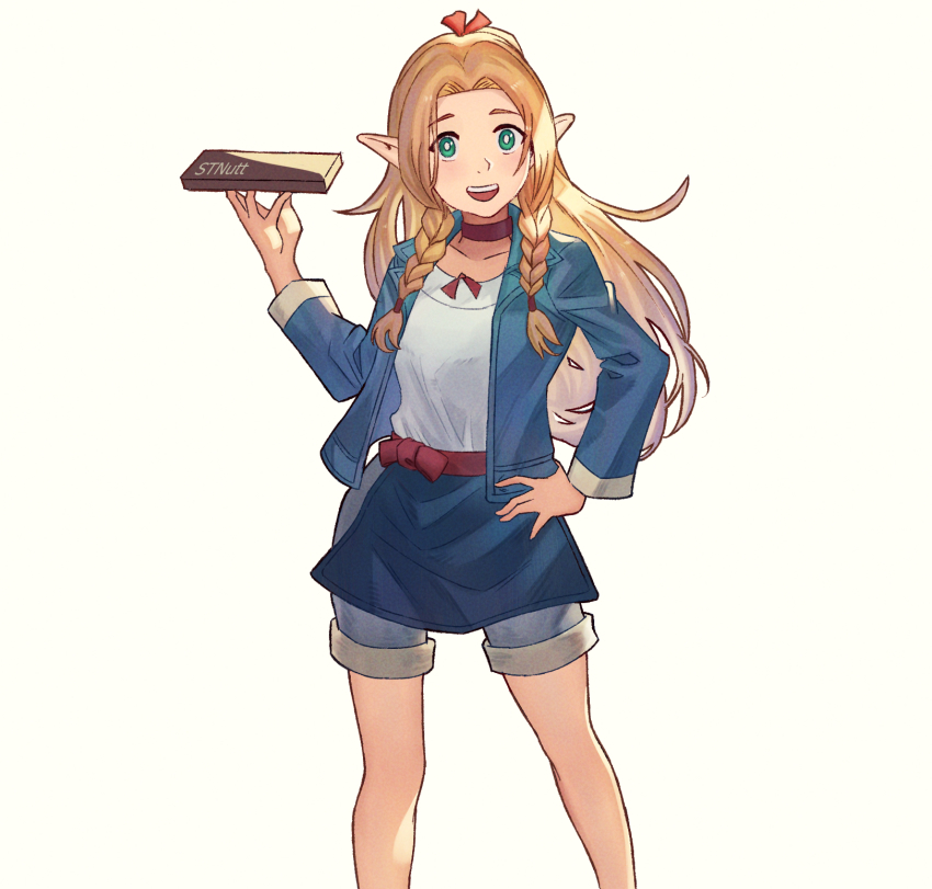 1girl, :d, artist_name, blonde_hair, blue_jacket, braid, brown_choker, choker, commentary, dungeon_meshi, english_commentary, green_eyes, grey_shorts, hand_on_own_hip, highres, jacket, long_hair, marcille_donato, open_mouth, shirt, shorts, simple_background, smile, solo, standing, stnutt, twin_braids, white_background, white_shirt