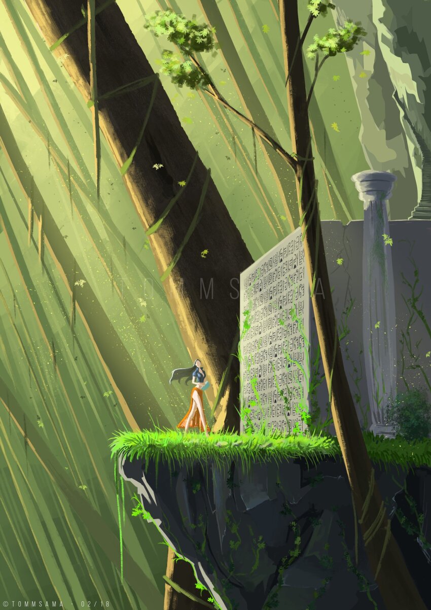 1girl, artist_name, black_hair, blue_jacket, book, commentary, cropped_jacket, daslvathomas, eyewear_on_head, floating_hair, french_commentary, grass, green_theme, highres, holding, holding_book, jacket, long_hair, midriff, nico_robin, nico_robin_(return_to_sabaody), one_piece, pink_sarong, poneglyph, sarong, short-sleeved_jacket, short_sleeves, solo, sunglasses, tommsama, tree