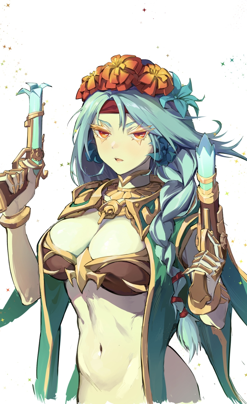 1girl, antique_firearm, bra, braid, breasts, brown_bra, cape, cleavage, cleavage_cutout, clothing_cutout, colored_skin, dota_(series), dota_2, dual_wielding, firearm, firelock, flintlock, flower, green_cape, green_hair, green_skin, gun, hair_ornament, highres, holding, holding_gun, holding_weapon, large_breasts, ling_luo_xi_yang, muerta_(dota_2), navel, open_mouth, orange_eyes, orange_flower, simple_background, solo, stomach, underwear, upper_body, weapon, white_background