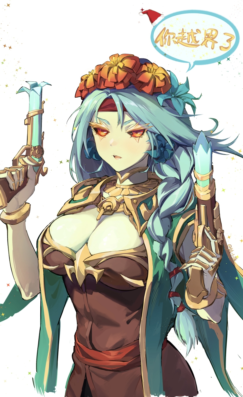 1girl, antique_firearm, braid, breasts, brown_dress, cape, cleavage, cleavage_cutout, clothing_cutout, colored_skin, dota_(series), dota_2, dress, dual_wielding, firearm, firelock, flintlock, flower, green_cape, green_hair, green_skin, gun, hair_ornament, highres, holding, holding_gun, holding_weapon, large_breasts, ling_luo_xi_yang, muerta_(dota_2), open_mouth, orange_eyes, orange_flower, simple_background, solo, upper_body, weapon, white_background