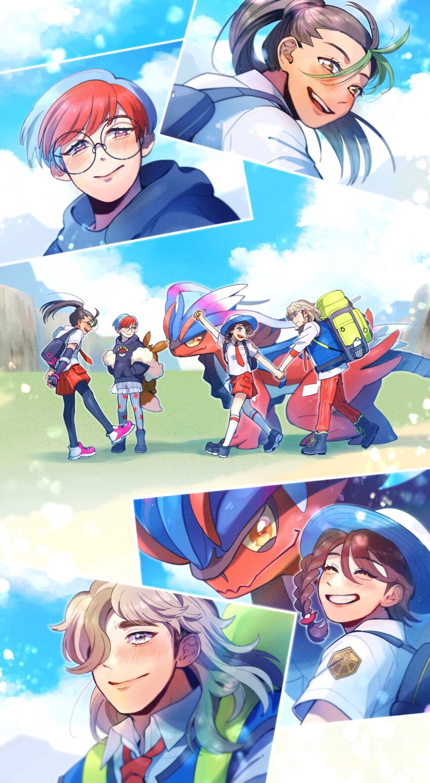 1boy, arven_(pokemon), black_hair, black_hoodie, black_pantyhose, blue_hair, blue_vest, braid, brown_bag, brown_hair, collared_shirt, colored_sclera, cosplay, glasses, green_hair, grey_eyes, hair_over_one_eye, hair_pulled_back, happyriekun, hat, highres, hood, hoodie, juliana_(pokemon), koraidon, light_brown_hair, long_hair, long_sleeves, multicolored_hair, multiple_girls, naranja_academy_(emblem), naranja_academy_school_uniform, necktie, nemona_(pokemon), nintendo, orange_eyes, orange_necktie, orange_shorts, pantyhose, penny_(pokemon), penny_(pokemon)_(cosplay), photo_(object), pokemon, pokemon_(creature), pokemon_scarlet_and_violet, ponytail, print_pantyhose, red_hair, round_eyewear, school_uniform, see-through_clothes, see-through_skirt, shirt, short_hair, shorts, shorts_under_skirt, side_braid, single_braid, skirt, smile, streaked_hair, two-tone_hair, vest, yellow_sclera