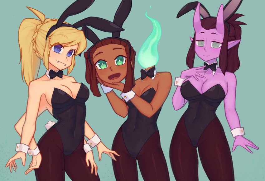 3girls, bow, bowtie, breasts, dreadlocks, extra_arms, highres, jade_(xyronii)