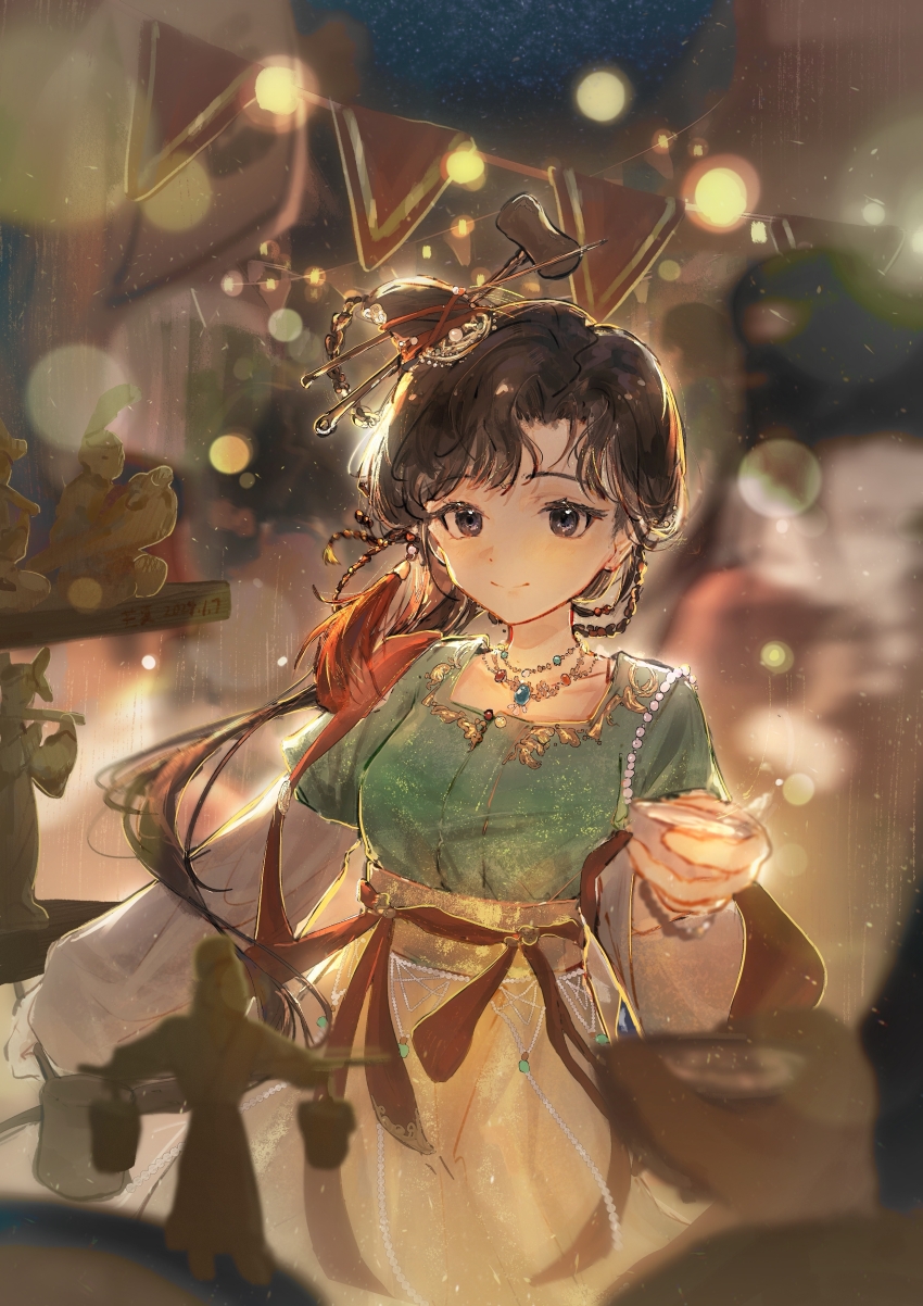 1girl, absurdres, alcohol, backlighting, black_eyes, black_hair, blurry, blurry_background