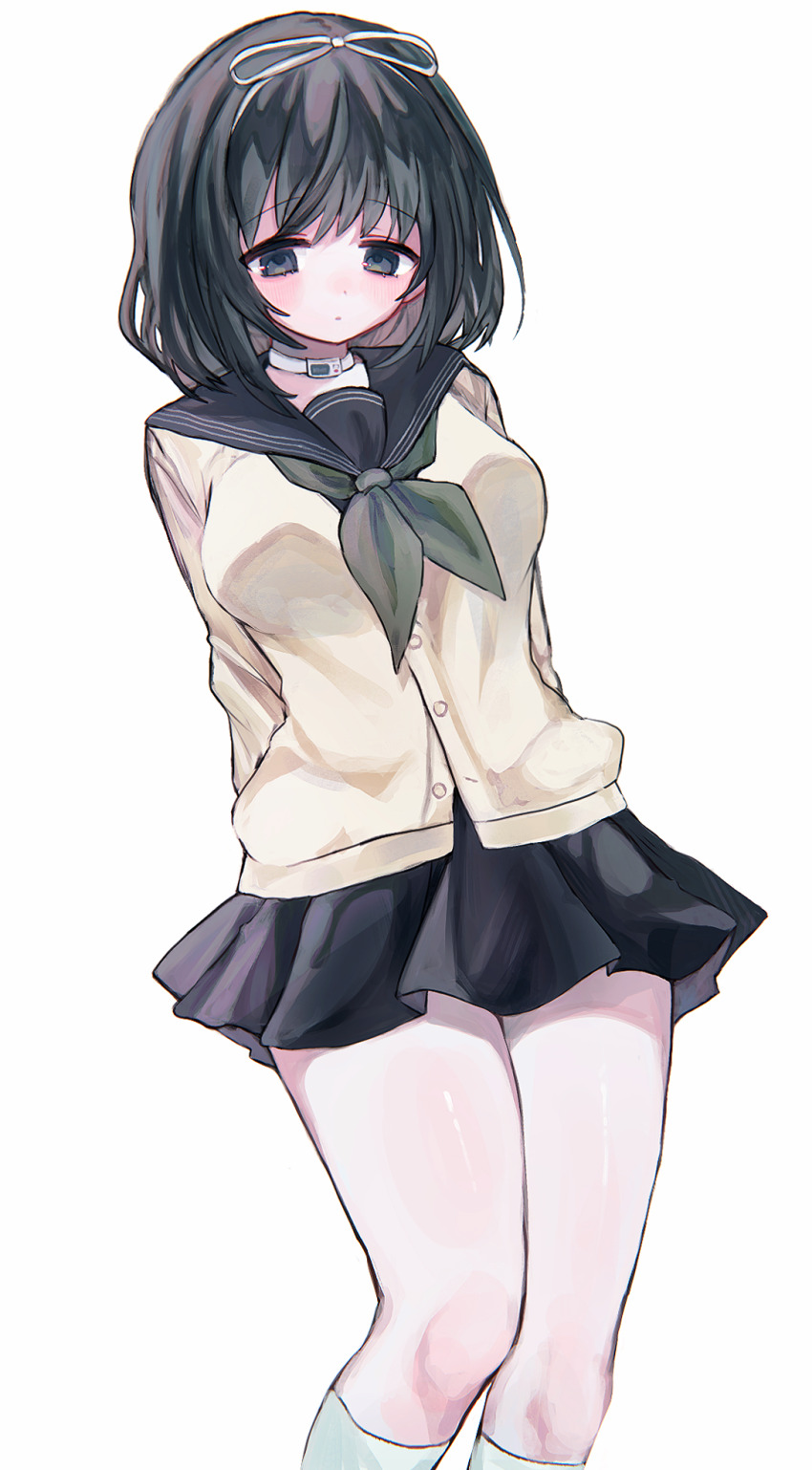 1girl, arms_behind_back, black_eyes, black_hair, black_sailor_collar, black_skirt, breasts, brown_cardigan