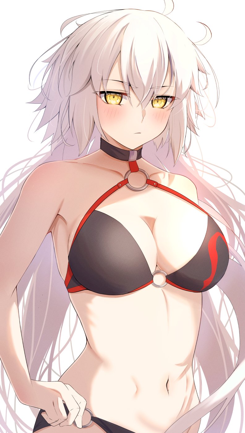 1girl, ahoge, bikini, black_bikini, blush, breasts, cleavage, closed_mouth