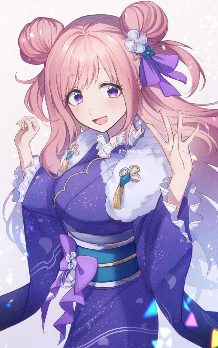 1girl, bare_shoulders, blush, bow, elf, hair_ornament, hair_ribbon, hair_rings, hatsune_(new_year)_(princess_connect!), hatsune_(princess_connect!), highres, japanese_clothes, kimono, long_hair, looking_at_viewer, open_mouth, pink_hair, pointy_ears, princess_connect!, purple_eyes, purple_ribbon, ribbon, salute, sidelocks, solo, white_background