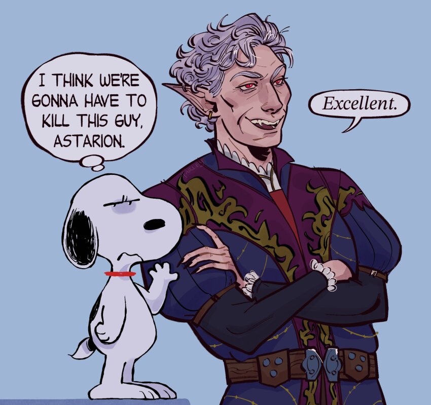 2boys, animal_collar, astarion, baldur's_gate, baldur's_gate_3, belt, black_nails, blue_background, collar, commentary, crossed_arms, crossover, curly_hair, dog, earrings, english_commentary, english_text, fangs, fingernails, frilled_sleeves, frills, grey_hair, hand_on_another's_arm, harlequinides, highres, i_think_we're_gonna_have_to_kill_this_guy_steven_(meme), jewelry, male_focus, meme, multiple_boys, open_mouth, peanuts_(comic), pointy_ears, puff_and_slash_sleeves, puffy_sleeves, red_eyes, renaissance_clothes, sharp_fingernails, size_difference, slit_pupils, snoopy, speech_bubble, thought_bubble, upper_body, vampire