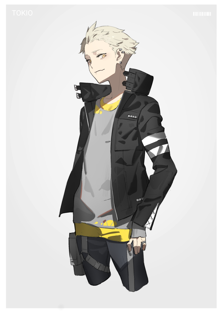 1boy, black_jacket, black_pants, blonde_hair, character_name, commentary, cropped_legs, grey_background, grey_shirt, highres, jacket, looking_at_viewer, male_focus, neco, open_clothes, open_jacket, pants, shirt, short_hair, simple_background, solo, synduality, synduality_noir, tokio_(synduality), yellow_eyes