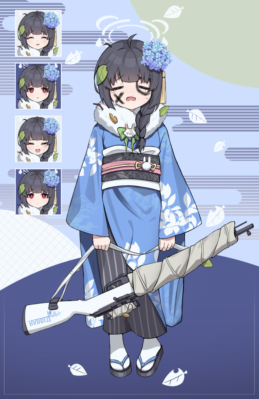 1girl, absurdres, ahoge, black_footwear, black_hair, black_pants, blue_archive, blue_background, blue_kimono, bow, braid, closed_eyes, closed_mouth, crying, egasumi, facepaint, flower, full_body, fur-trimmed_kimono, fur_trim, green_bow, grey_halo, gun, hakama, hakama_pants, halo, highres, holding, holding_gun, holding_weapon, hydrangea, hydrangea_hair_ornament, japanese_clothes, kimono, leaf, leaf_background, leaf_on_head, leaf_print, miyu_(blue_archive), multiple_views, nervous_sweating, new_year, obi, open_mouth, pants, rabbit_ornament, raised_eyebrows, red_eyes, reflector178, rifle, runny_nose, sandals, sash, scared, single_braid, smile, snot, socks, striped_clothes, striped_pants, sweat, tabi, tears, turn_pale, weapon, white_socks, zouri