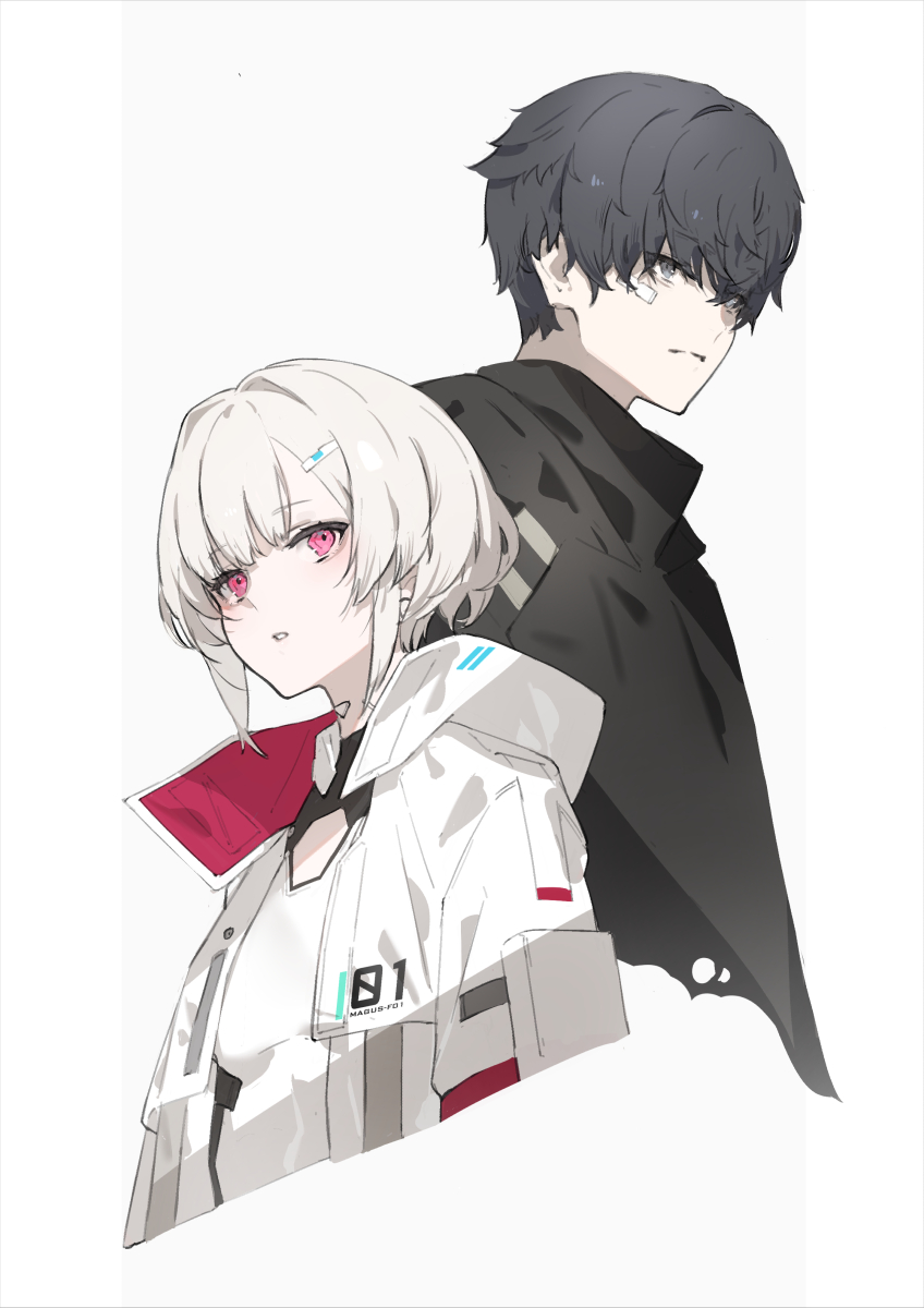 1boy, 1girl, ada_(synduality), alba_(synduality), bandage_on_face, bandages, black_hair, border