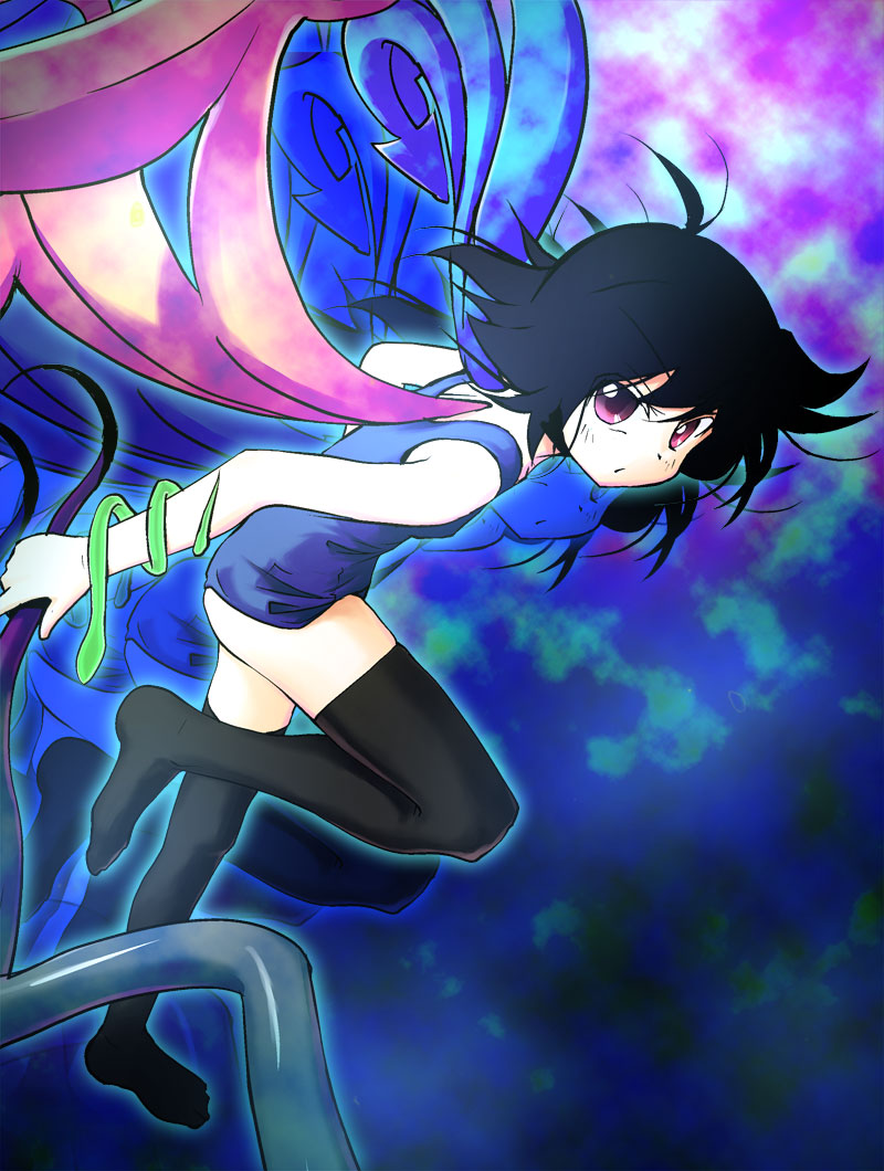 1girl, black_hair, black_thighhighs, female_focus, houjuu_nue, m_spark, one-piece_swimsuit, red_eyes