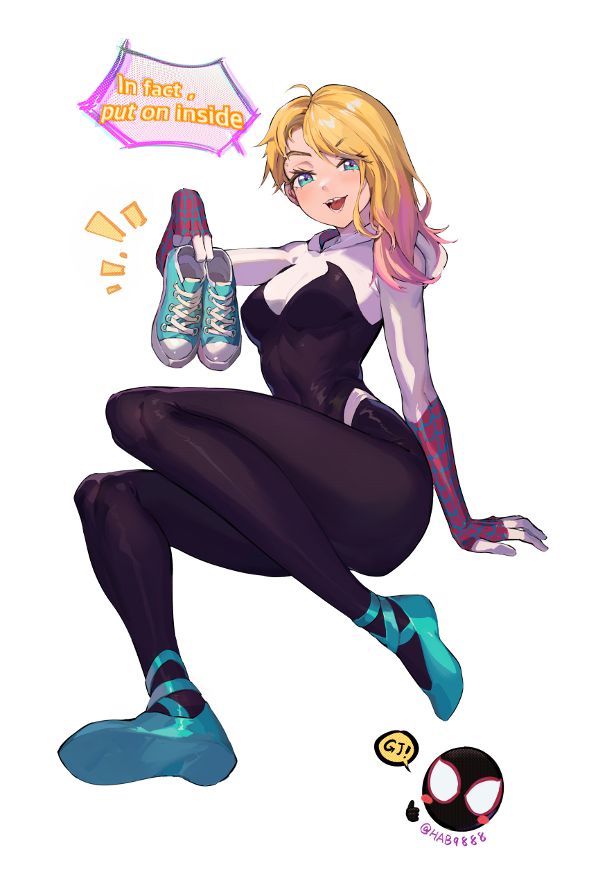 1girl, absurdres, artist_name, blonde_hair, blue_footwear, bodysuit, commentary_request, english_text