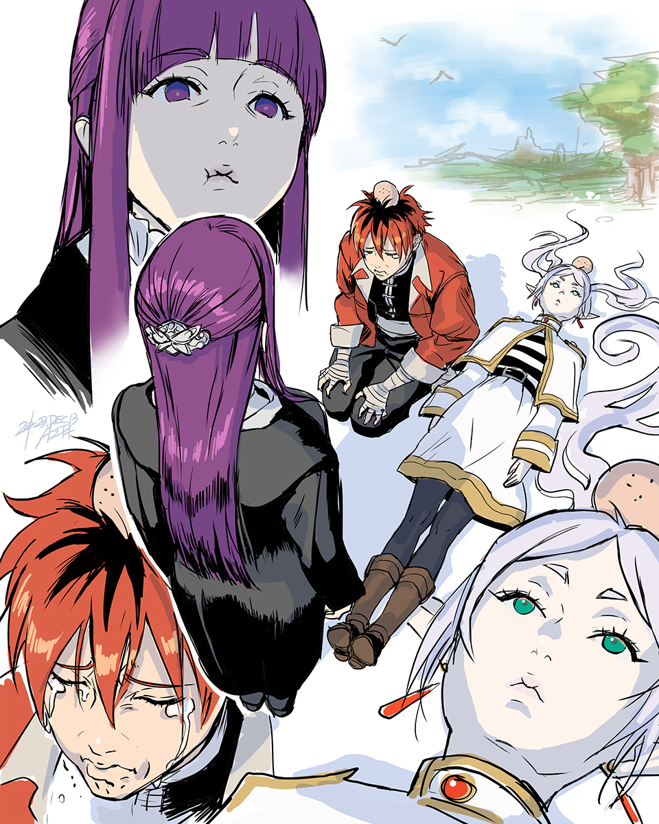 1boy, 2girls, az_pt, black_dress, black_pants, blue_sky, border, brown_footwear