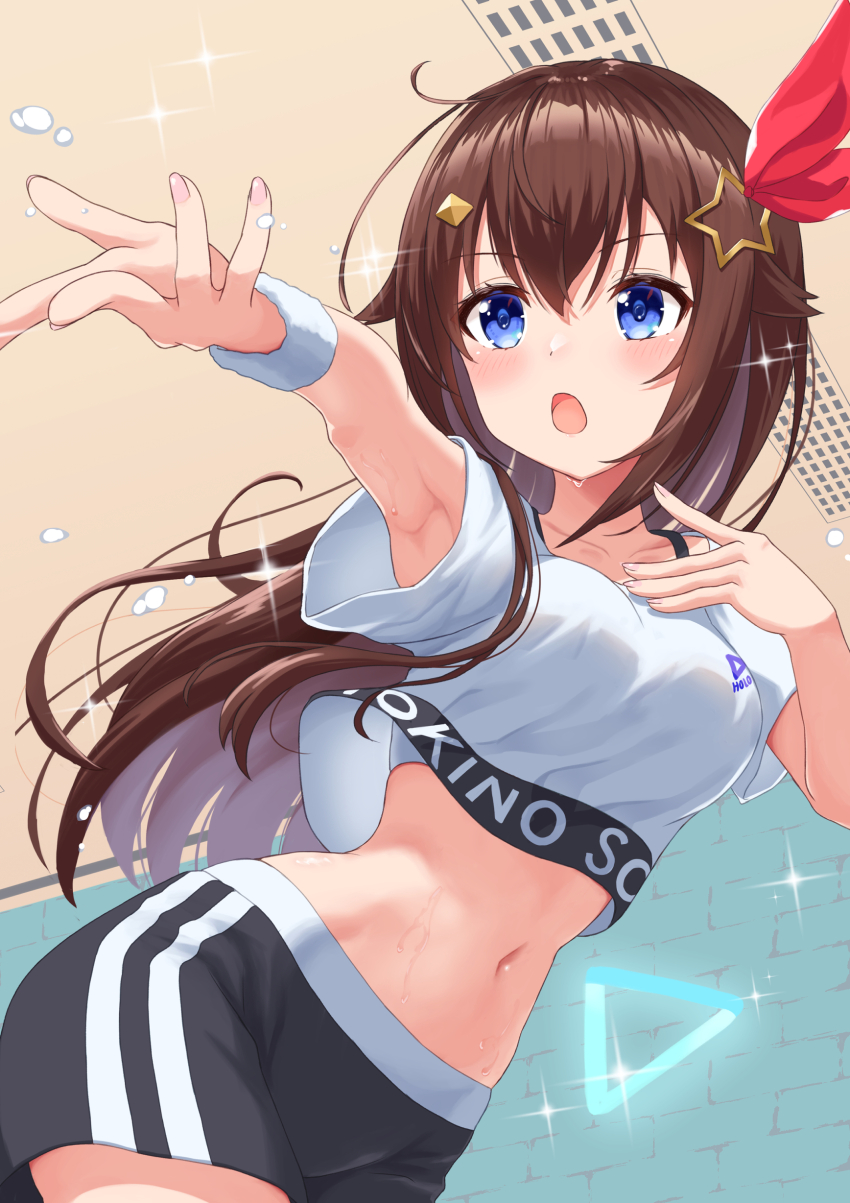 1girl, absurdres, armpits, black_shorts, blue_eyes, brown_hair, cropped_shirt, hair_ornament