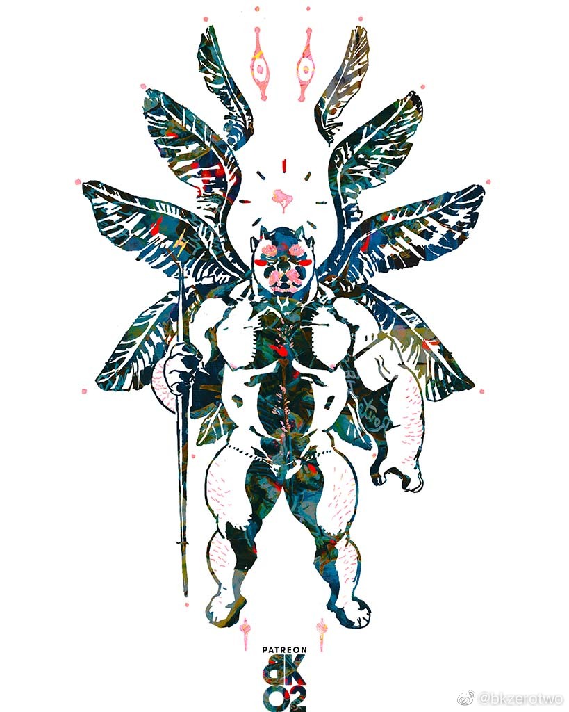 1boy, bara, belly, bk_zerotwo, blush_stickers, bulge, extra_eyes, fat