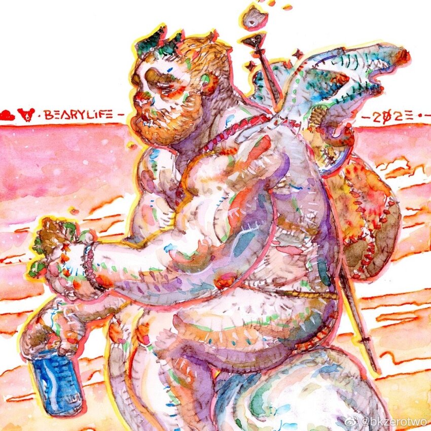 1boy, back_hair, bara, beard, bk_zerotwo, can, demon_horns, eating