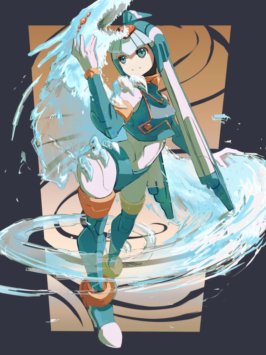 android, blue_eyes, bodysuit, crop_top, fairy_leviathan_(mega_man), forehead_jewel, hand_on_another's_head, helmet