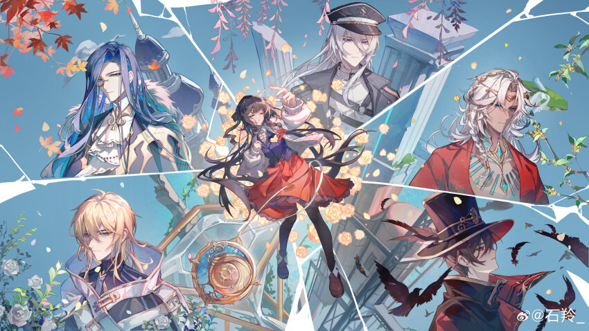 1girl, 5boys, :|, absurdres, alkaid_mcgrath, alkaid_mcgrath_(eden), aqua_eyes, ascot