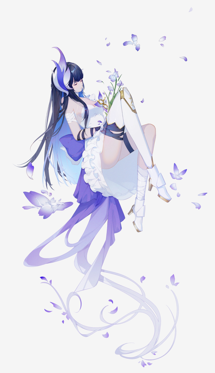 1girl, absurdres, alternate_hair_length, alternate_hairstyle, bandaged_arm, bandaged_foot, bandaged_leg, bandages, bare_shoulders, black_bandages, black_hair, blue_hair, breasts, chinese_commentary, cleavage, closed_eyes, colored_inner_hair, commentary, dress, floating, flower, flower_on_chest, frilled_dress, frills, full_body, grey_background, hair_ornament, halter_dress, halterneck, high_heels, highres, holding, holding_flower, iris_(flower), long_hair, mechanical_legs, medium_breasts, midair, multicolored_hair, nery, official_alternate_costume, petals, punishing:_gray_raven, purple_flower, purple_petals, selena:_capriccio_(irisfall_ballad)_(pgr), selena_(pgr), sideboob, simple_background, single_mechanical_leg, single_sidelock, sleeveless, sleeveless_dress, solo, thigh_strap, thighs, white_dress, white_footwear
