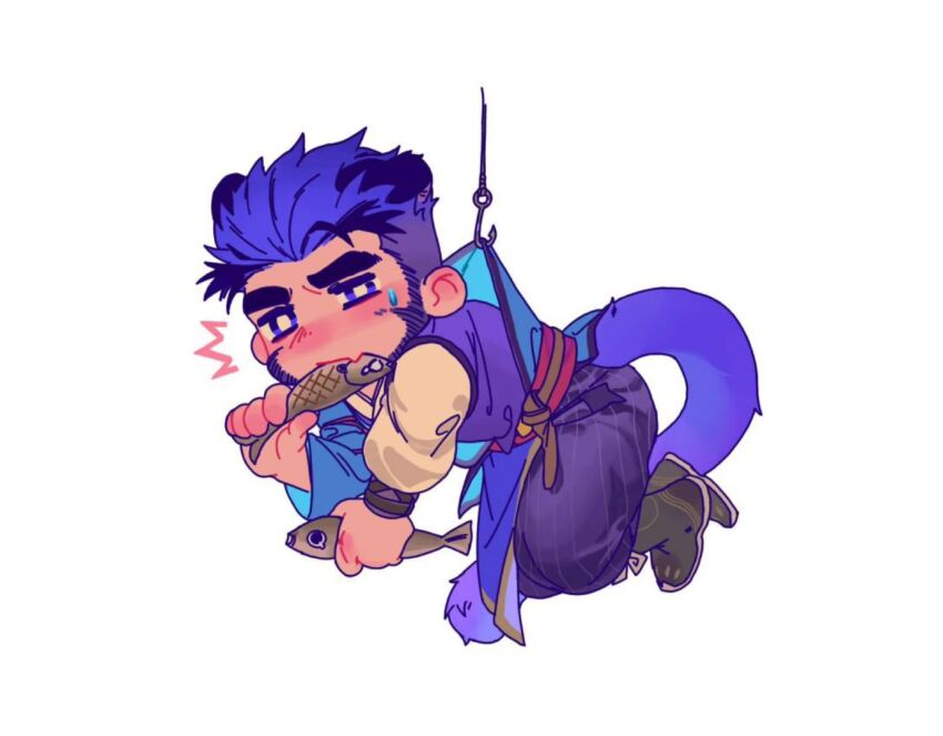 1boy, bara, beard, blush, cat_boy, cat_tail, chibi, facial_hair, fang, fish_hook, fish_in_mouth, full_beard, full_body, highres, hooked, huge_eyebrows, kuro_(kuroshima_kurishiro), kuroshima_kurishiro_(muyi24108414), legs_together, looking_at_viewer, male_focus, mature_male, non-web_source, notice_lines, original, purple_facial_hair, purple_hair, short_hair, skin_fang, solo, tail, thick_tail, undercut, uneven_eyes, unfinished, white_background