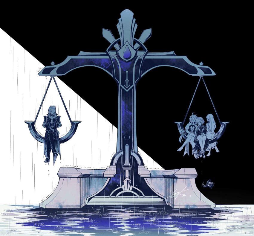 1boy, 3girls, ahoge, ankle_boots, ankle_cuffs, ascot, asymmetrical_bangs, balance_scale, barefoot, black_background, boots, brooch, capelet, closed_mouth, coat, covered_eyes, crossed_ankles, crossed_legs, crying, dress, egeria_(genshin_impact), expressionless, facing_viewer, feather_hair_ornament, feathers, focalors_(genshin_impact), full_body, furina_(genshin_impact), genshin_impact, gloves, hair_between_eyes, hair_ornament, hat, highres, jewelry, juliet_sleeves, lapels, limited_palette, long_hair, long_sleeves, looking_to_the_side, multicolored_hair, multiple_girls, neuvillette_(genshin_impact), pointy_ears, profile, puffy_sleeves, rain, ripples, rokuroku_6ta, short_hair, shorts, simple_background, sitting, smile, spoilers, streaked_hair, tears, thigh_boots, top_hat, two-tone_background, unworn_hat, unworn_headwear, veil, water, weighing_scale, wet, white_background