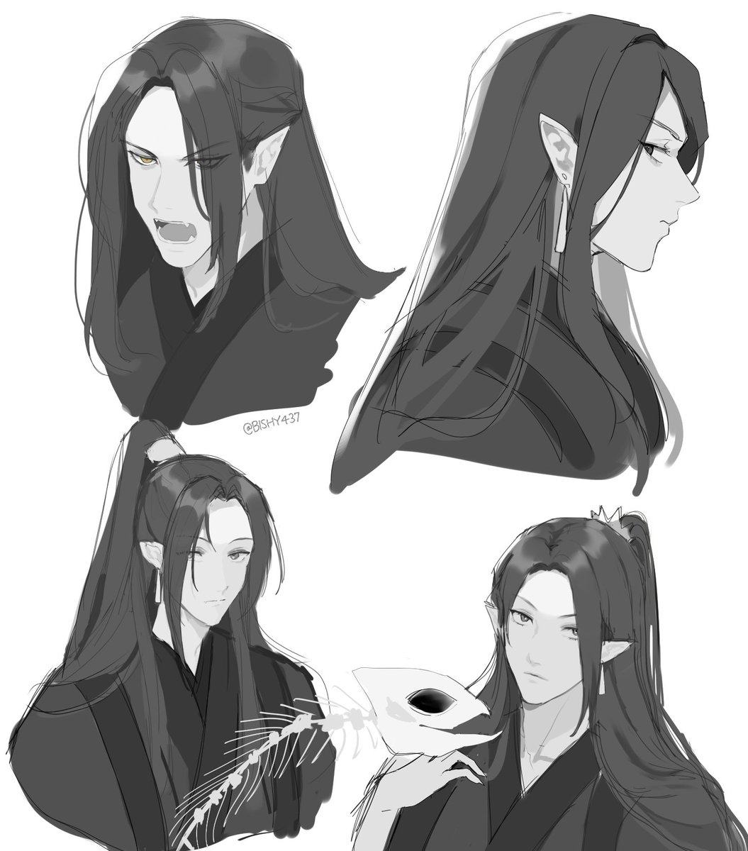 1boy, bone, chinese_clothes, commentary, earrings, english_commentary, eyes_visible_through_hair, fangs