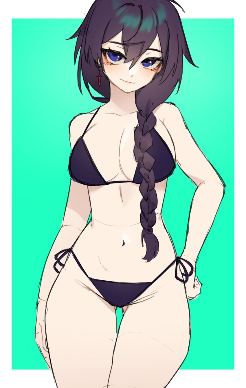 1girl, absurdres, bikini, black_bikini, black_hair, blue_eyes, braid, breasts, cleavage, closed_mouth, commentary, cowboy_shot, earrings, english_commentary, genderswap, genderswap_(mtf), green_background, hair_between_eyes, hair_over_shoulder, hand_on_own_hip, highres, indie_virtual_youtuber, jewelry, large_breasts, long_hair, looking_at_viewer, navel, ohwasuy, shoto_(vtuber), side-tie_bikini_bottom, single_braid, solo, string_bikini, swimsuit, thigh_gap, virtual_youtuber