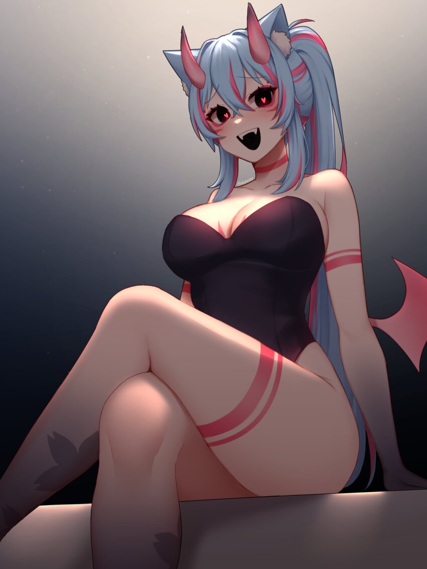 1girl, :d, absurdres, animal_ear_fluff, animal_ears, black_eyes, black_leotard, blue_hair