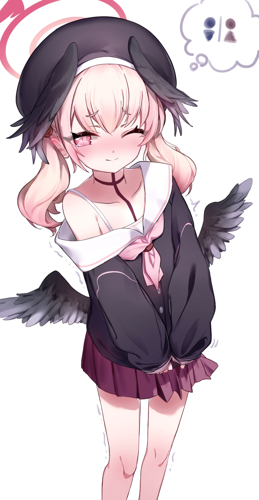 1girl, absurdres, beret, black_hat, black_shirt, black_wings, blue_archive, blush