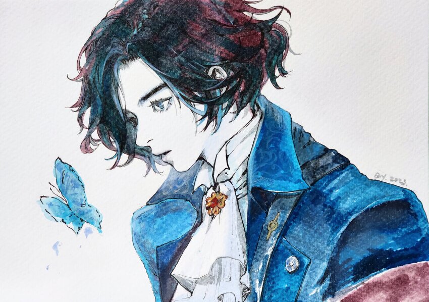 1boy, absurdres, artist_name, ascot, ballpoint_pen_(medium), black_hair, blue_butterfly, blue_coat, brooch, bug, butterfly, coat, commentary_request, highres, inhouhou, insect, jewelry, korean_commentary, lies_of_p, looking_at_animal, male_focus, marker_(medium), open_clothes, open_coat, parted_lips, pen_(medium), pinocchio_(lies_of_p), profile, short_hair, signature, simple_background, solo, traditional_media, upper_body, white_ascot, white_background