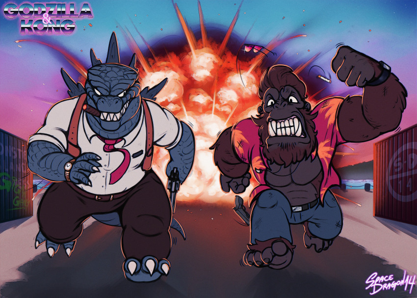 2boys, absurdres, ape, artist_name, beard, blue_jeans, blue_pants, brown_pants, character_name, cigar, cigarette, crossover, day, denim, dusk, english_text, explosion, facial_hair, fangs, furry, furry_male, godzilla, godzilla_(series), godzilla_and_kong_running_(meme), godzilla_x_kong:_the_new_empire, gorilla, graffiti, gun, gun_holster, handgun, harbor, hawaiian_shirt, highres, holster, jeans, jewelry, kaiju, king_kong, king_kong_(series), legendary_pictures, meme, monster, monsterverse, multiple_boys, necklace, necktie, no_pupils, no_shoes, ocean, open_clothes, open_shirt, pants, parody, pistol, revolver, running, sharp_teeth, shipping_container, shirt, signature, smoke, smoking, spacedragon14, spikes, sunglasses, suspenders, teeth, toho, undershirt, watch, water, weapon, white_eyes, white_shirt, wristwatch