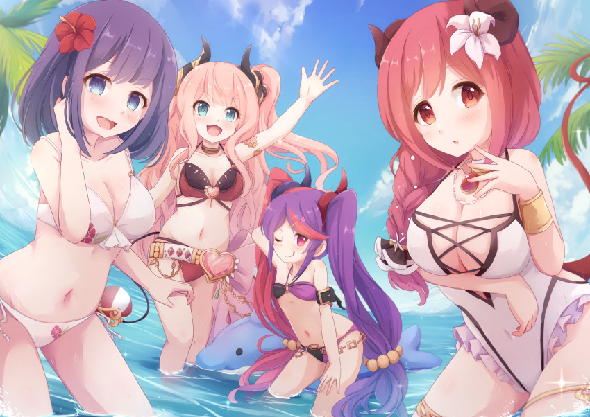 4girls, :3, :d, :o, ;q, arm_under_breasts, armband, armlet, ball, beachball, belt, bikini, black_armband, black_bikini, blue_eyes, blue_sky, braid, braided_ponytail, breasts, chain, choker, cleavage, covered_navel, cross-laced_clothes, cross-laced_one-piece_swimsuit, curled_horns, demon_girl, demon_horns, demon_tail, female_focus, flat_chest, floral_print, flower, frilled_one-piece_swimsuit, frills, gem, hair_bobbles, hair_flower, hair_ornament, hairclip, halterneck, hand_in_own_hair, hand_on_own_hip, heart, heart-shaped_gem, heart_hair_ornament, hibiscus, hibiscus_print, highres, horns, inflatable_dolphin, inflatable_toy, io_(princess_connect!), io_(summer)_(princess_connect!), jewelry, large_breasts, loli, long_hair, looking_at_viewer, medium_breasts, medium_hair, misaki_(princess_connect!), misaki_(summer)_(princess_connect!), misora_(princess_connect!), misora_(summer)_(princess_connect!), multicolored_hair, multiple_girls, navel, necklace, nyxerebos, o-ring, o-ring_bikini, ocean, one-piece_swimsuit, one_eye_closed, one_side_up, open_mouth, outdoors, palm_tree, pink_hair, princess_connect!, purple_bikini, purple_hair, red_bikini, red_eyes, red_flower, red_gem, red_hair, side-tie_bikini_bottom, sky, smile, split-color_hair, suzuna_(princess_connect!), suzuna_(summer)_(princess_connect!), swept_bangs, swimsuit, tail, thighlet, tongue, tongue_out, tree, twintails, two-tone_hair, very_long_hair, wading, water, waving, white_bikini, white_choker, white_flower, white_one-piece_swimsuit