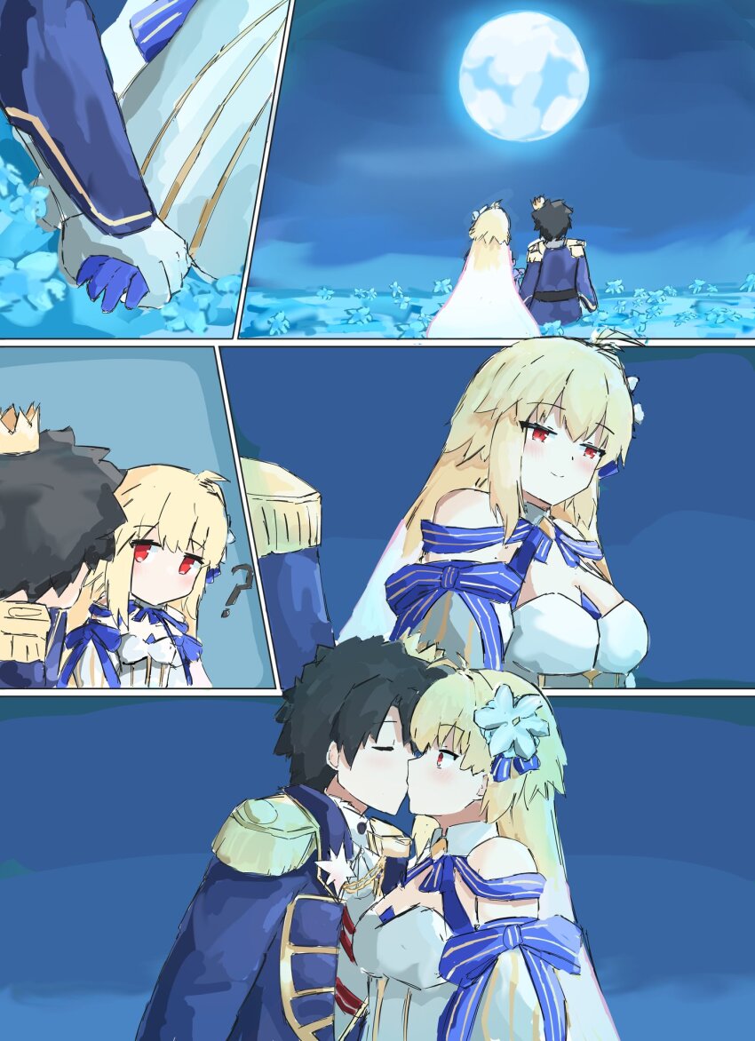 1boy, 1girl, ?, ahoge, antenna_hair, archetype_earth, archetype_earth_(third_ascension), arcueid_brunestud, artist_request, blonde_hair, blush, breasts, crown, dress, fate/grand_order, fate_(series), flower, fujimaru_ritsuka_(male), fujimaru_ritsuka_(male)_(halloween_royalty), hair_flower, hair_ornament, hetero, highres, holding_hands, kiss, long_hair, medium_breasts, moon, outdoors, short_hair, sitting, smile, spoken_question_mark, tsukihime