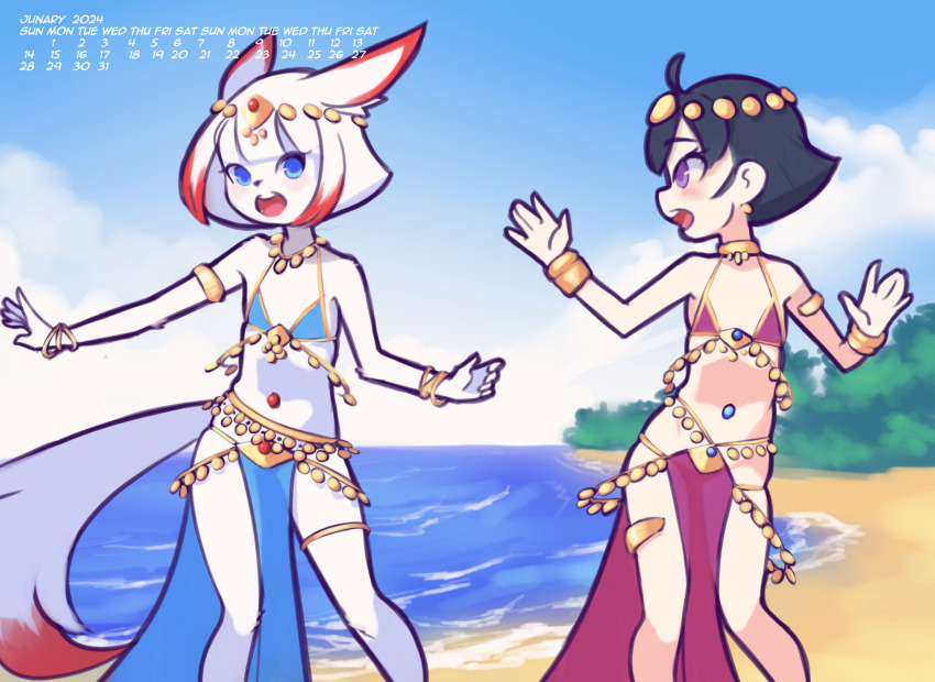 2024, 20s, 2girls, animal, animal_ears, armlet, beach, bikini