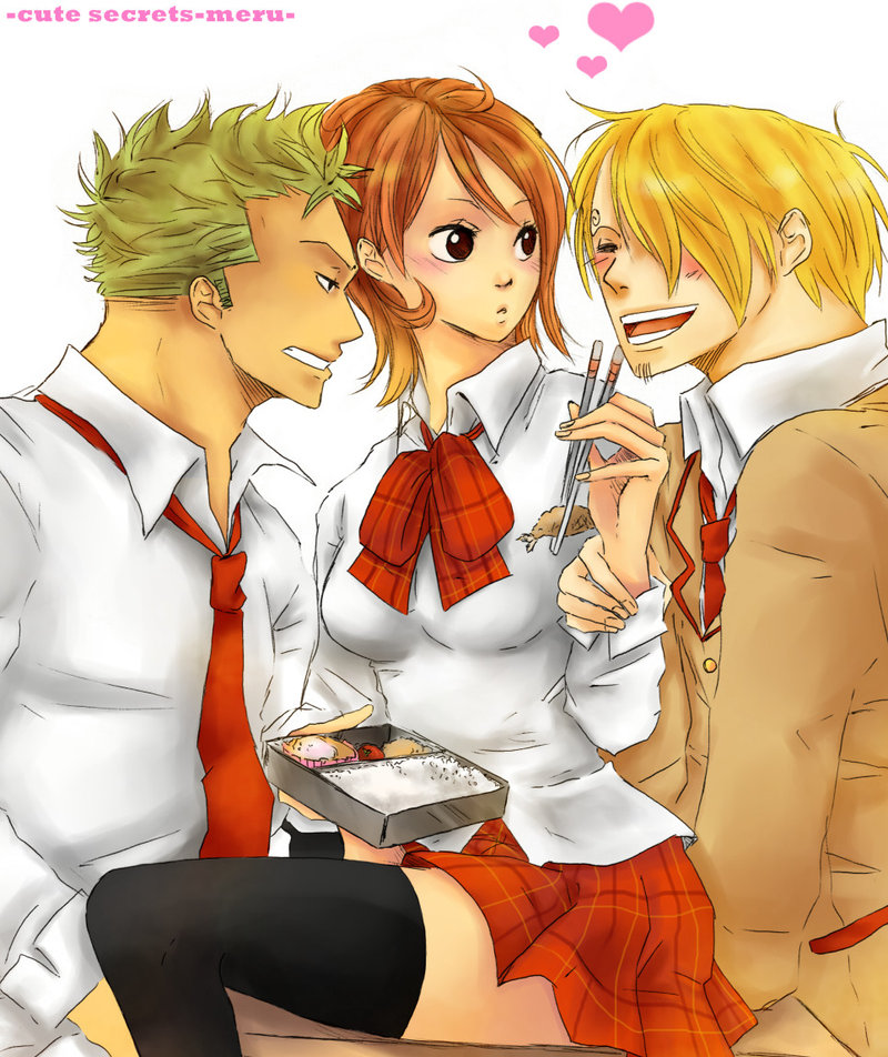 1girl, 2boys, alternate_costume, blonde_hair, blush, bow, chopsticks, food
